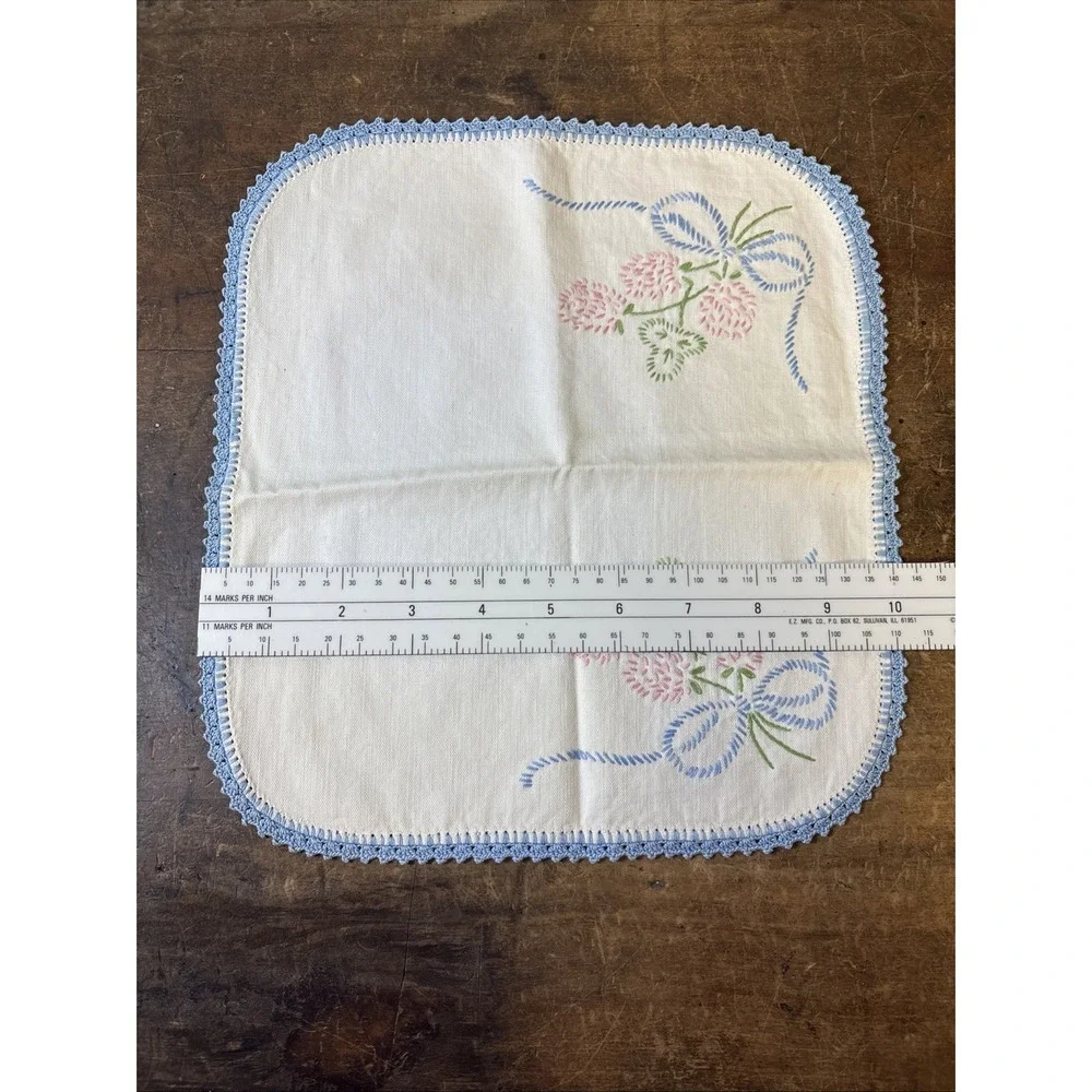 Set Hand Embroidered Dresser Set Doily's Crochet Border Blue Pink Flowers